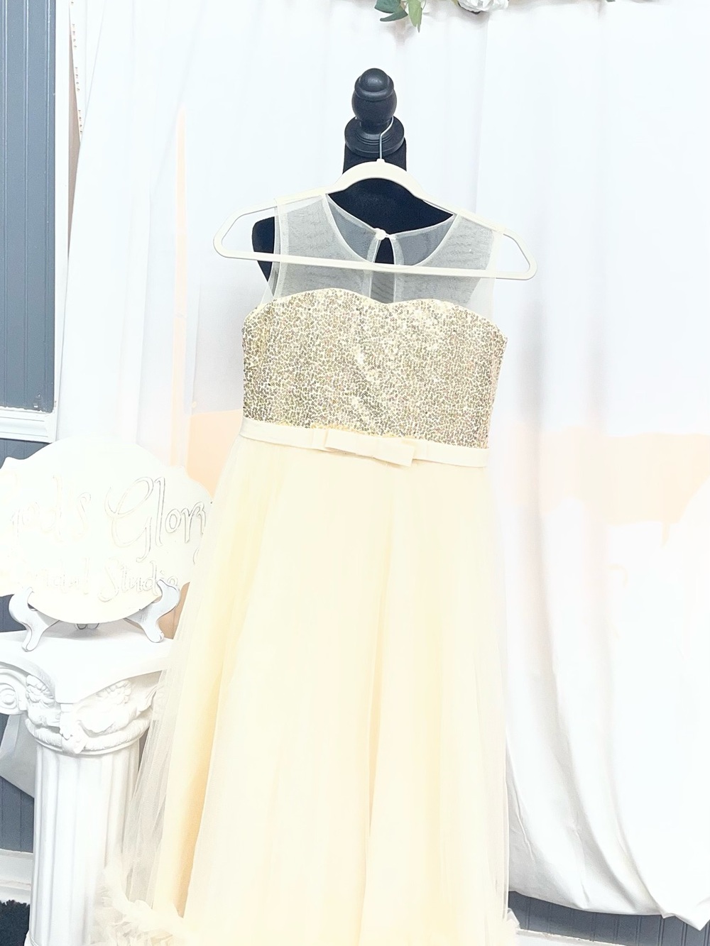 Girls Gold Sequin Bodice Cream Tulle Dress